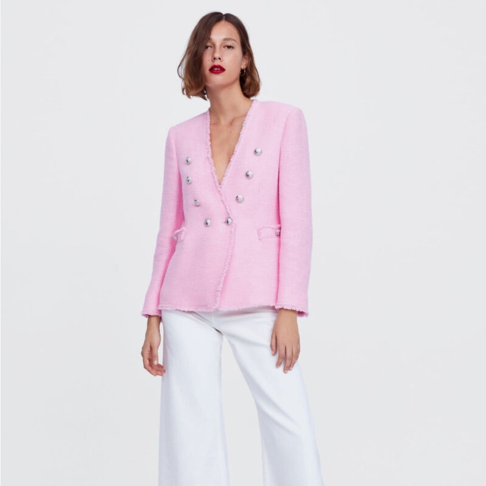 Zara NWT Pink Tweed Blazer Silver Buttons